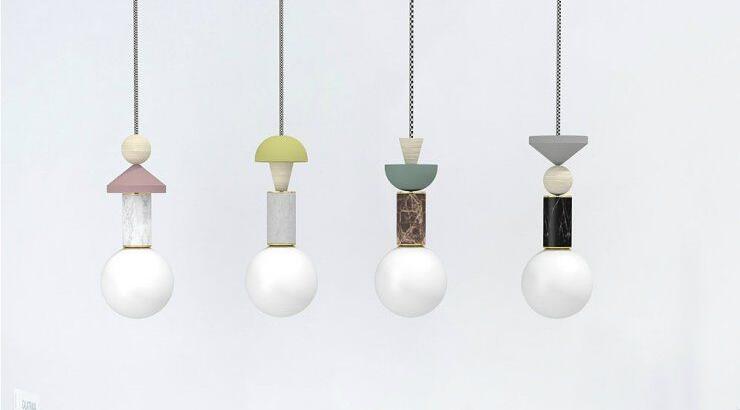 Γεωμετρικά φωτιστικά από μάρμαρο, γυαλί, μέταλλο και ξύλο