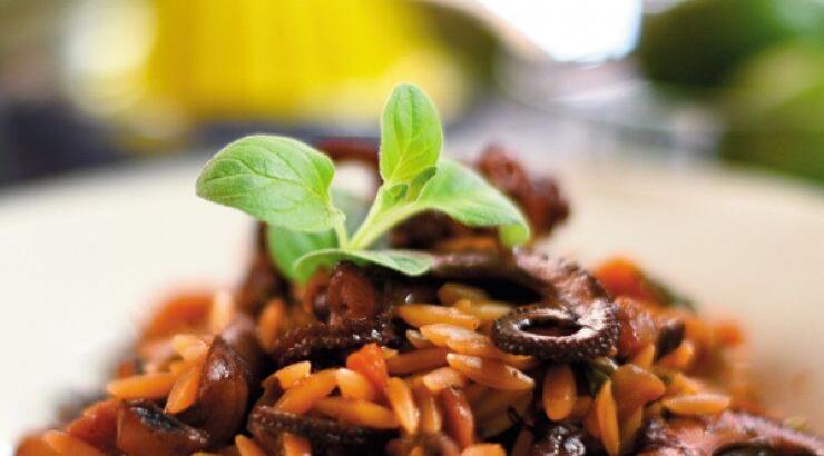 Χταπόδι κοκκινιστό με κριθαράκι και ρίγανη